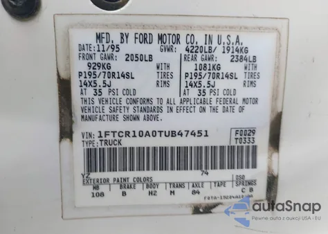 1996 Ford Ranger из США, поврежденный, VIN 1FTCR10A0TUB47451